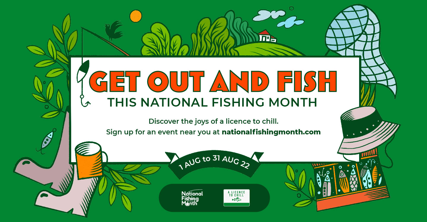 National Fishing Month illustration with leaves, a hat, a fishing net and wellies